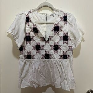Madewell White Patchwork V-Neck Peasant Top with Black and Burgundy Accents
